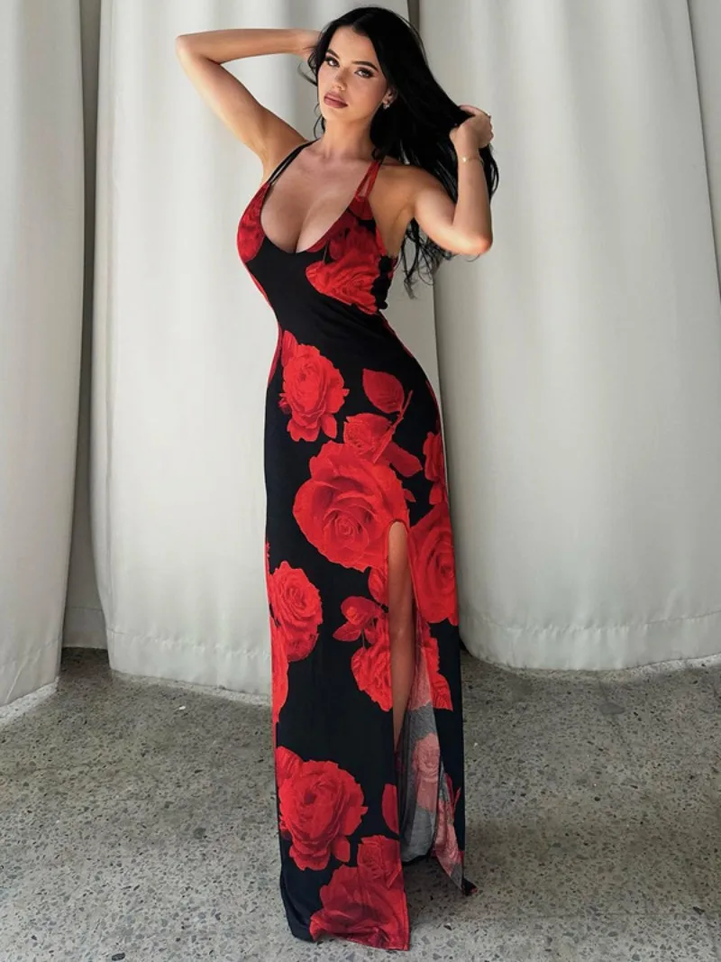 

Женское платье-комбинация с высоким разрезом, красное элегантное привлекательное длинное праздничное платье макси без рукавов с открытой спиной и высокой талией, лето 2024