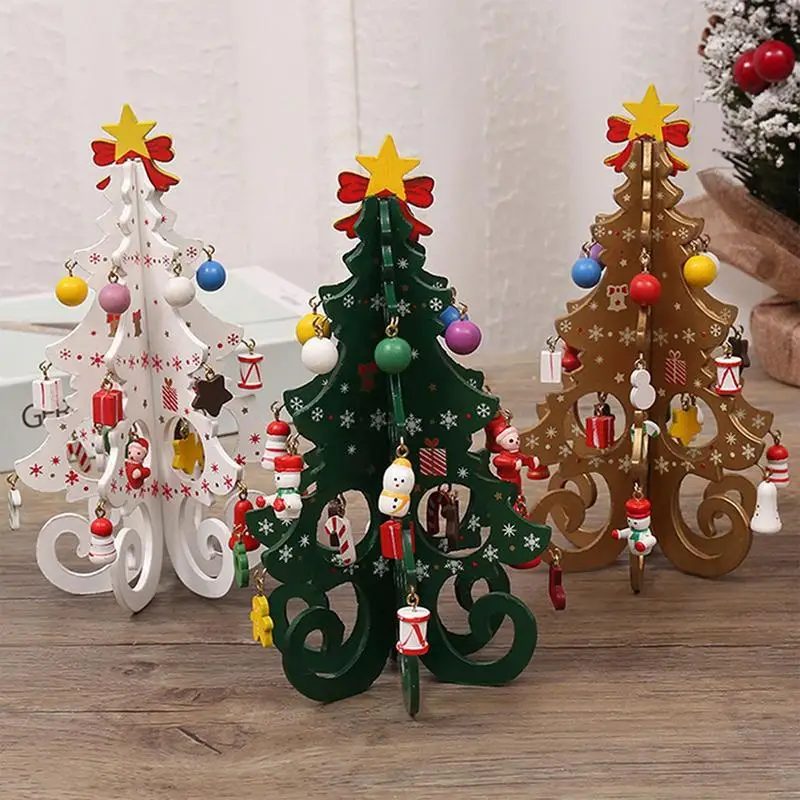 

Мини Рождественская елка, декоративные деревянные украшения для рождественской елки с подвесками, подарок, новогодний декор, праздничное домашнее украшение для стола