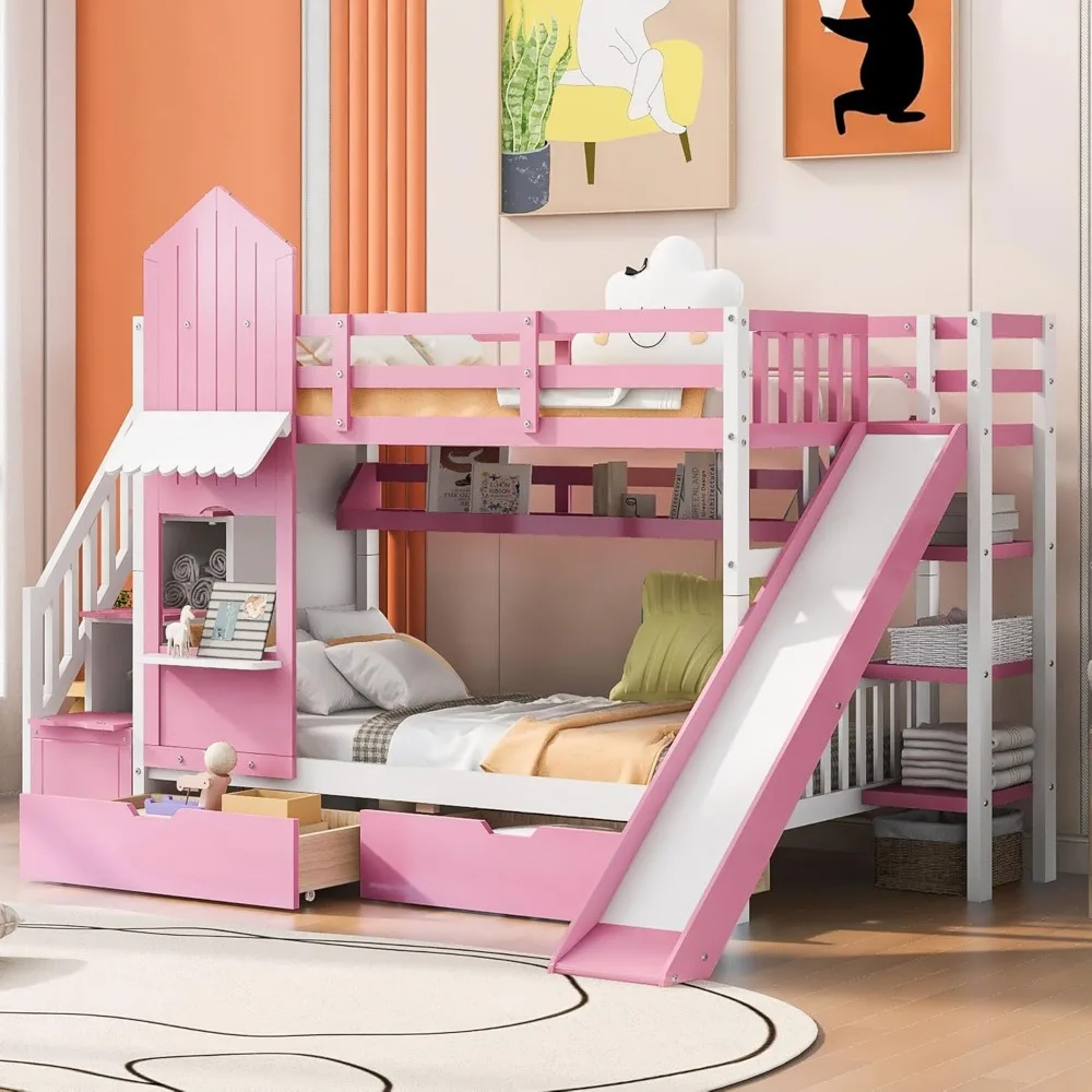 Harper & Bright Designs Twin Over Twin Bunk Bed with Stairs and Slide, Solid Wood Bunk Bed Frame with Storage Drawers and Booksh Harper & Bright Designs Twin Over Twin Bunk Bed with Stairs and Slide, Solid Wood Bunk Bed Frame with Storage Drawers and Booksh