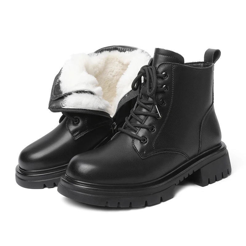 

Черный лодыжки сапоги женщины зима 2023 подлинной кожи мех платформы сапоги женские элегантный дизайнер обувь дамы молнии вверх снег сапоги