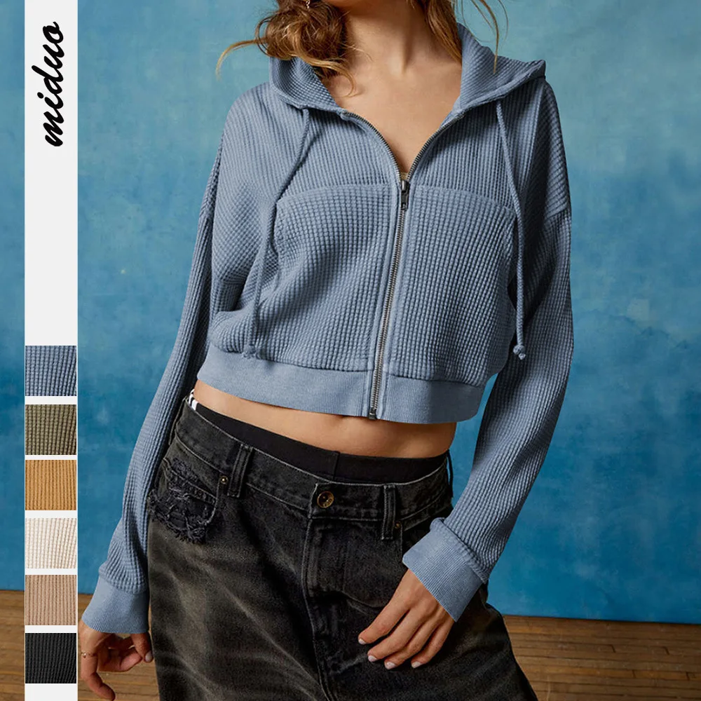 Spring and Autumn Fashion Waffle Fabric Long-Sleeved Casual Jacket Solid Color Zipper Short Section Hooded Cardigan Trend Tops
Spring and Autumn Fashion Waffle Fabric Long-Sleeved Casual Jacket Solid Color Zipper Short Section Hooded Cardigan Trend Tops