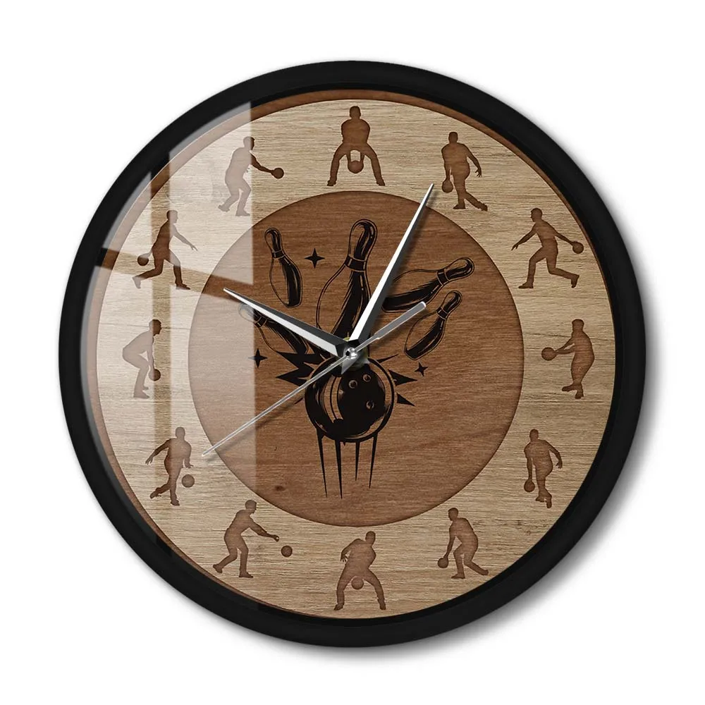 

Часы для боулинга, спортивные бесшумные настенные часы с деревянной текстурой и металлической рамкой, украшение для стен в спальню, подарок