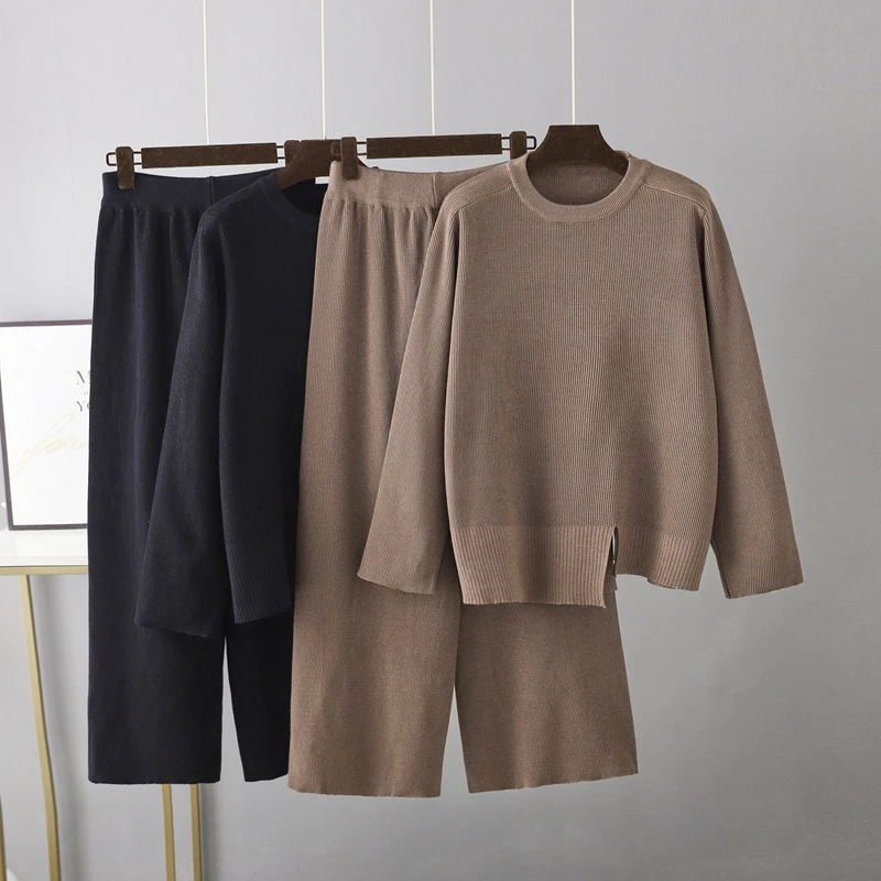 

Winter knit Loose Slit Sweater 2-Piece Women Sweater Tracksuits Fashion Wide Leg Pant Suits Female Casual Pants Sets Sportsuits
