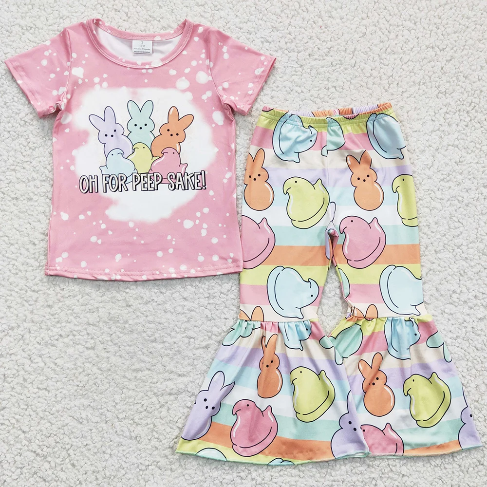 

Hot Sale Baby Girls Designer Clothes Bunny Print Kids Easter Day Clothing Girls Bell Bottom Outfits Boutique Girls Clothes Suit
