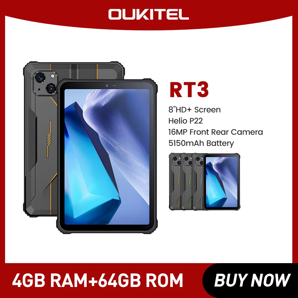 

Oukitel RT3 Mini Rugged Tablet 8 Inch HD+ 5150 mAh 4GB+64GB Android 12 Tablets IP68&IP69K waterproof Helio P22 16MP Camera P