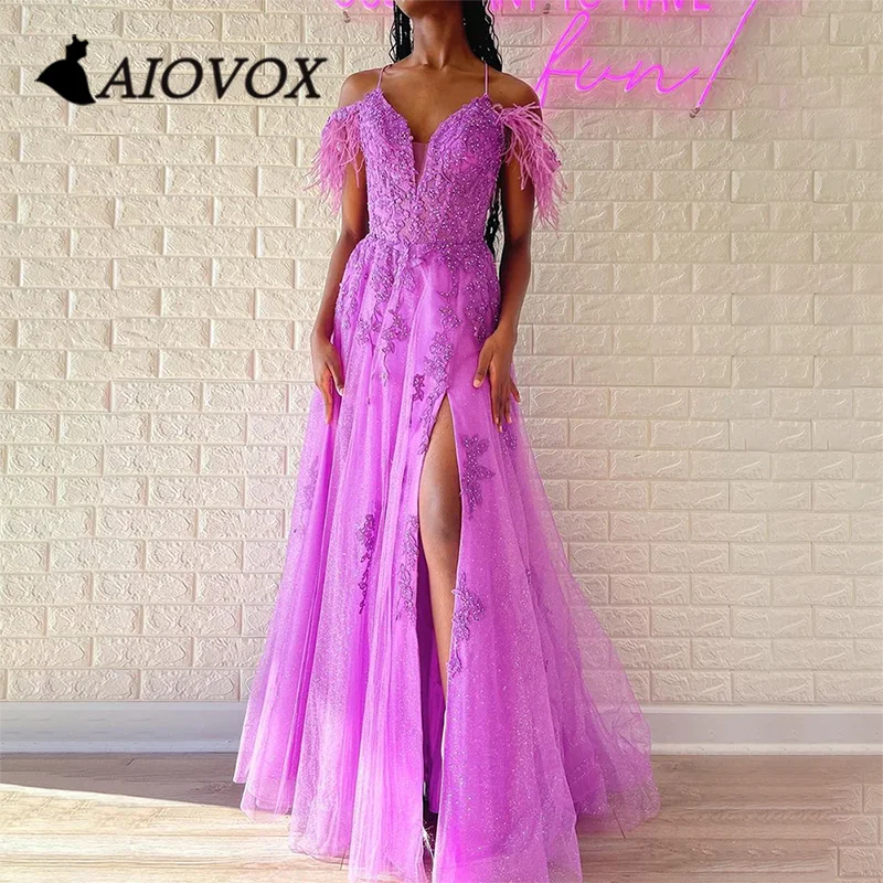 

AIOVOX Prom Dress Lace Appliques V-neck Evening Gown Off-the-shouler Feather High Slit Floor-length Vestido De Noche for Women