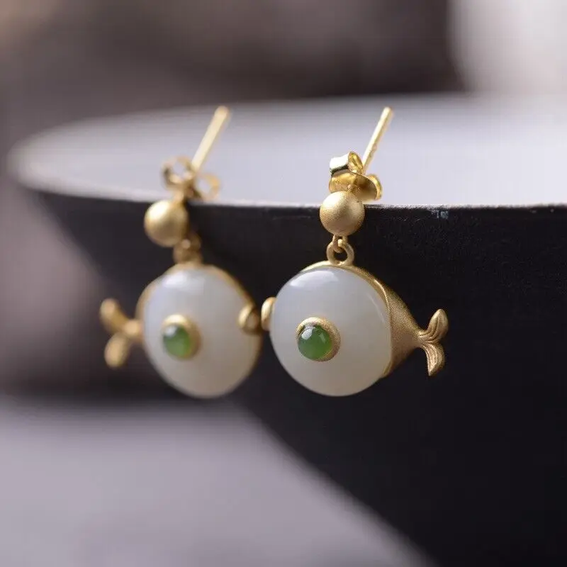 Solid 925 Sterling Silver With Natural Nephrite Jade Fish Dangle Earrings 19mm H
Solid 925 Sterling Silver With Natural Nephrite Jade Fish Dangle Earrings 19mm H