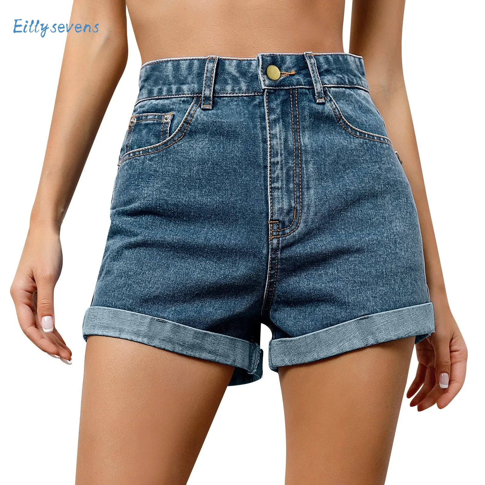 

Ladies New Denim Shorts Casual Fashion High Waist Denim Shorts With Pockets Trend Street Style Daily All-Match Rolled Hem Shorts