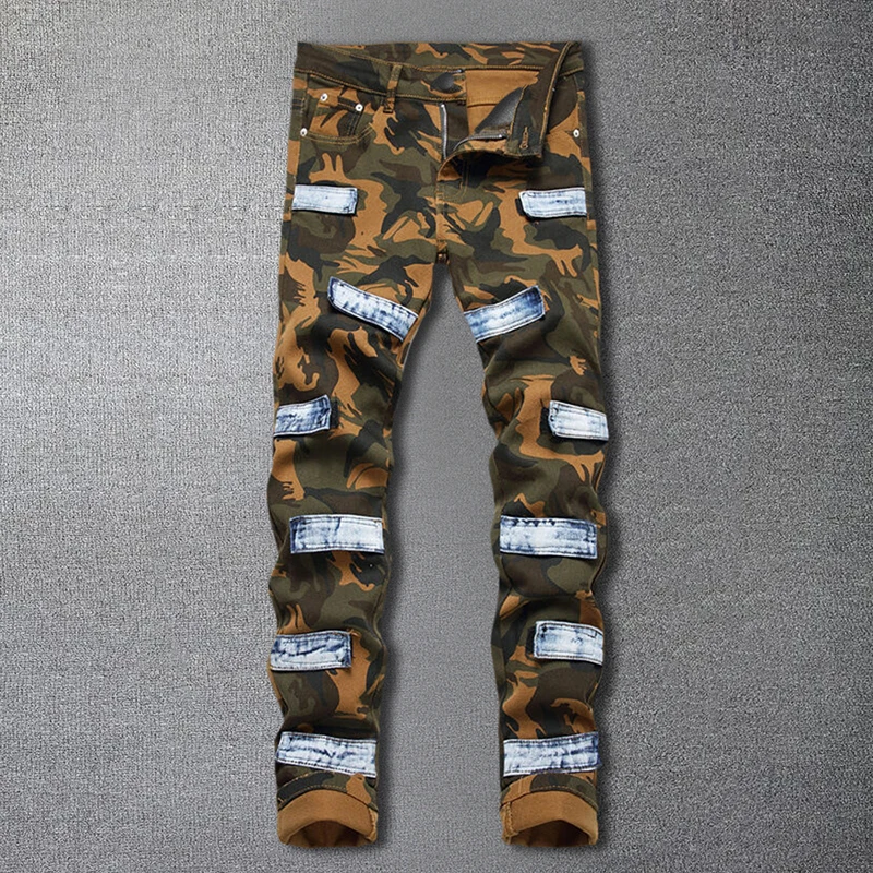 

2023 New Men Micro Elastic Camo Multi Pocket Punk Pant Hip Hop Jeans European Style Patch Small Straight Men's Jeans Pants