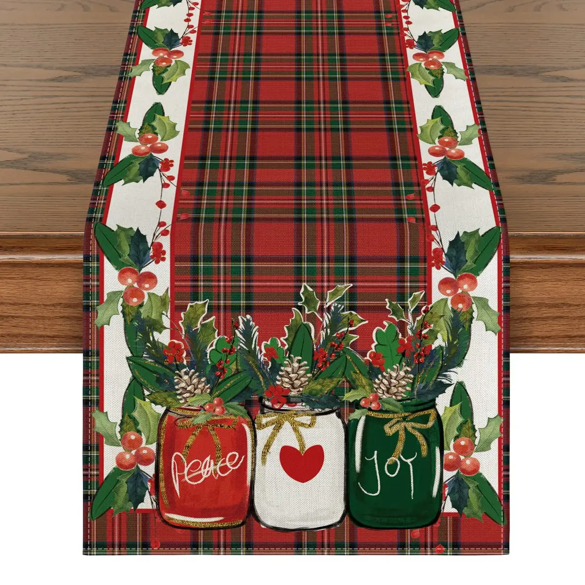 

Watercolor Holly Vase Peace Joy Christmas Table Runner, Winter Xmas Holiday Kitchen Dining Table Runner for Home Decor