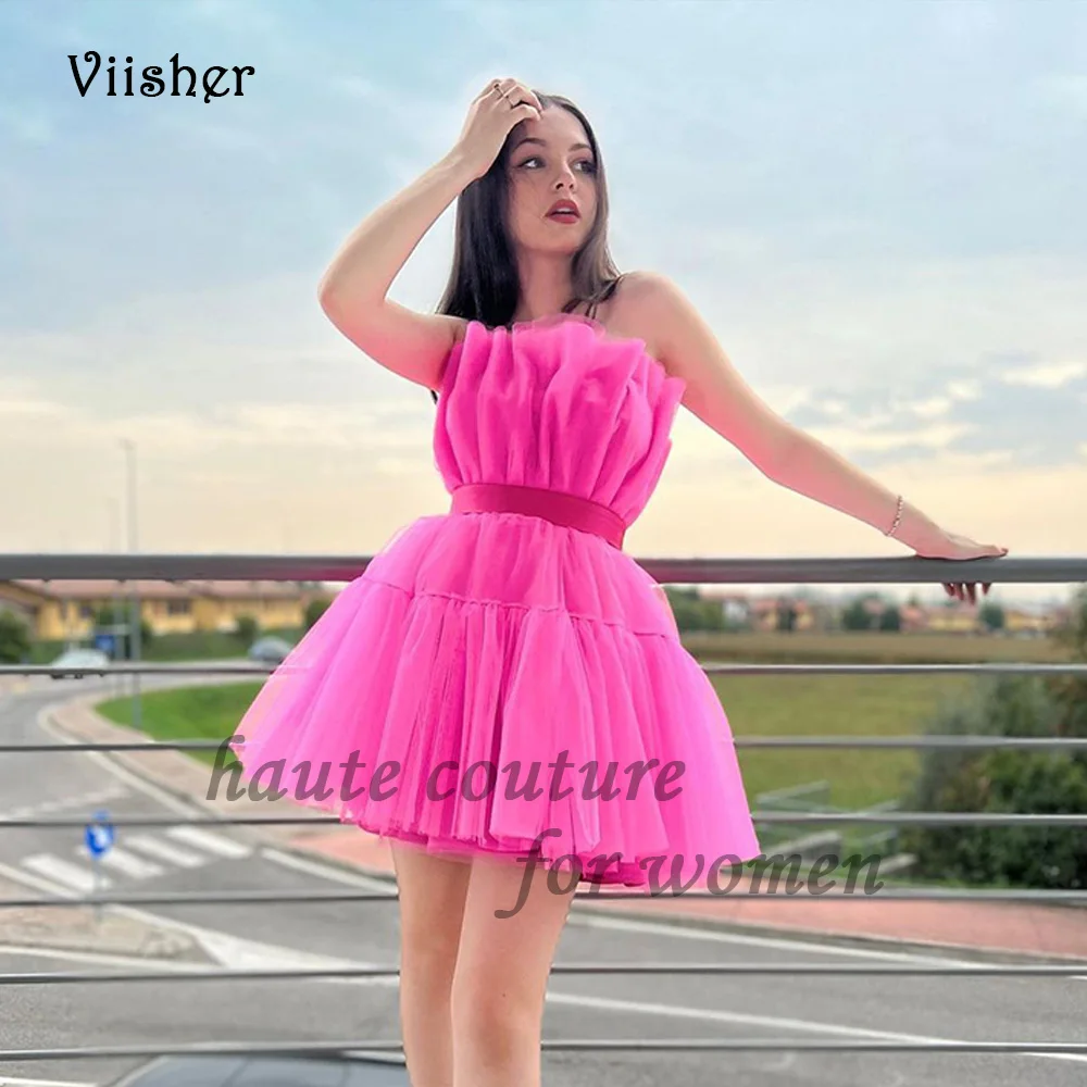 Viisher, ярко-розовые короткие платья для выпускного вечера для подростков, модель 2024 Тюлевое со складками без бретелек, ТРАПЕЦИЕВИДНОЕ платье для выпускного вечера, со шнуровкой на спине