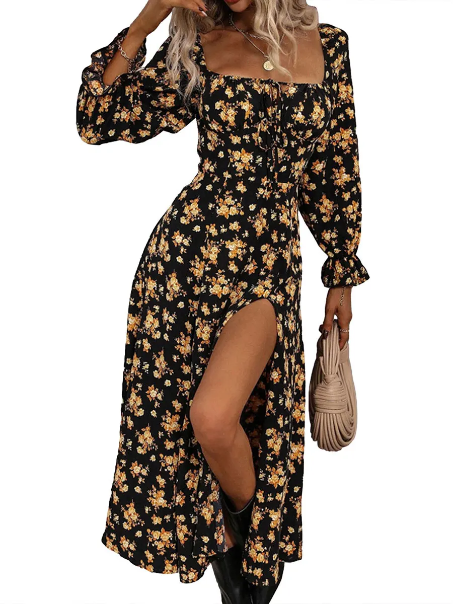 

Женские богемные цветочные платья 2023, платье с квадратным вырезом и длинным пышным рукавом, платье с завязкой, женские осенние платья с многоярусным цветочным узором