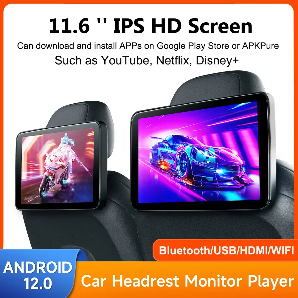 

11,6 дюймов Android 12 2 ГБ + 32 ГБ Автомобильный монитор на подголовник IPS USB HDMI ТВ-дисплей с RCA AV Wifi зеркальное отображение автомобильного заднего сиденья экран видеоплеер