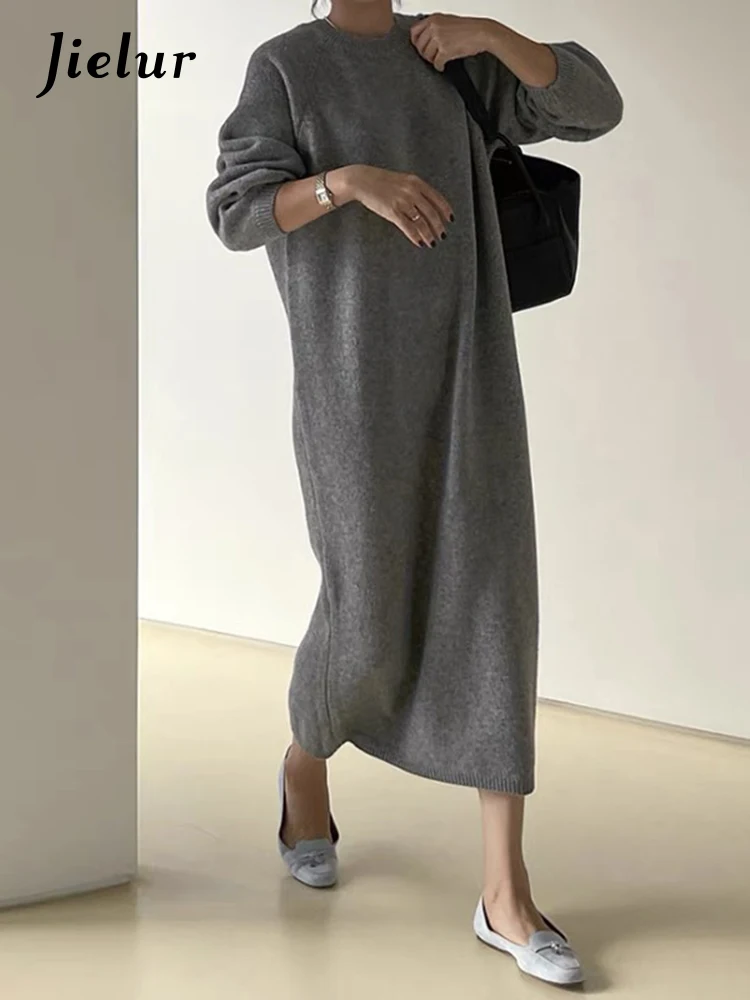 

Jielur Winter New Casual Slim Women Dress Solid Color Simple Basic Knitted Dress Woman Apricot Grey Black O-Neck Dresses Female