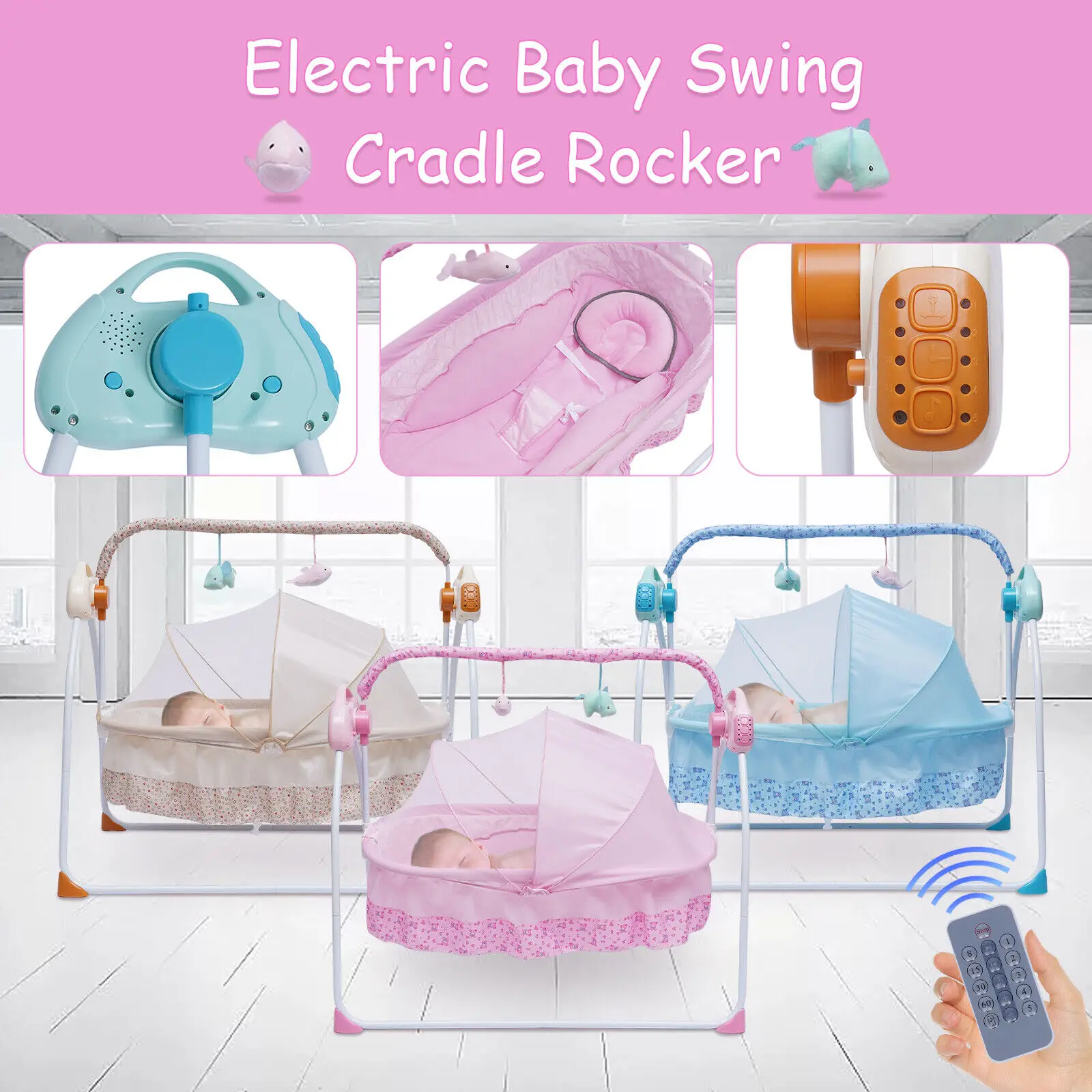 

3 Colors Bluetooth Electric Auto Swing Bed Baby Cradle Safe Crib Infant Rocker W/ MP3 Music Soothing Artifact Bassinet