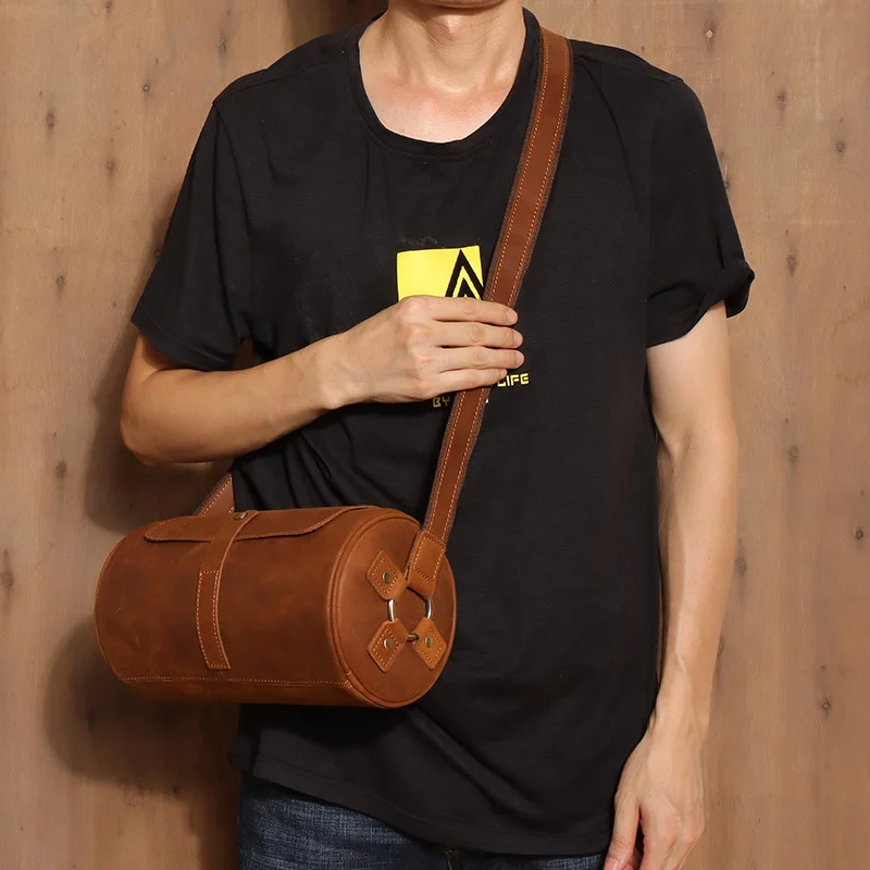 

Genuine leather men's bag vintage crazy horse leather men's shoulder bag personality cylindrical brown top layer cowhide crossbo