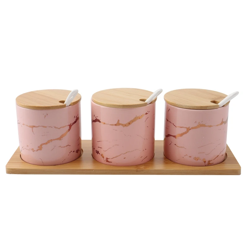 

Качественный простой персиковый розовый керамический семейный набор, Коробка Для Приправ Для ресторана с крышкой и ложкой, подарочный набор