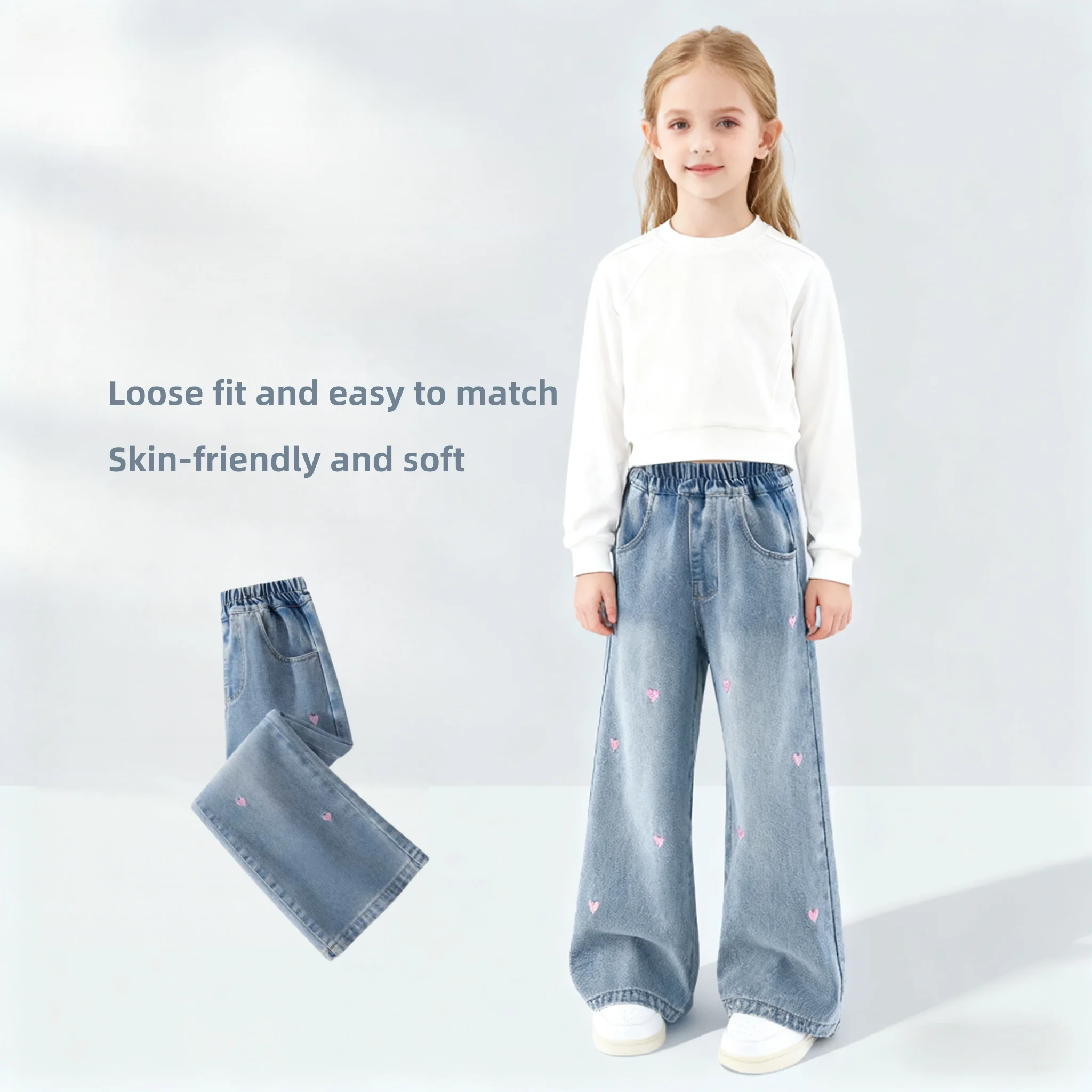 جينز أنيق للأطفال قابل للتنفس بناتي مع تطريز على شكل قلب حلو ولطيف بنطلون دنيم للربيع والخريف ناعم وخفيف الوزن بقصة واسعة من الأسفل جينز أنيق للأطفال قابل للتنفس بناتي مع تطريز على شكل قلب حلو ولطيف بنطلون دنيم للربيع والخريف ناعم وخفيف الوزن بقصة واسعة من الأسفل