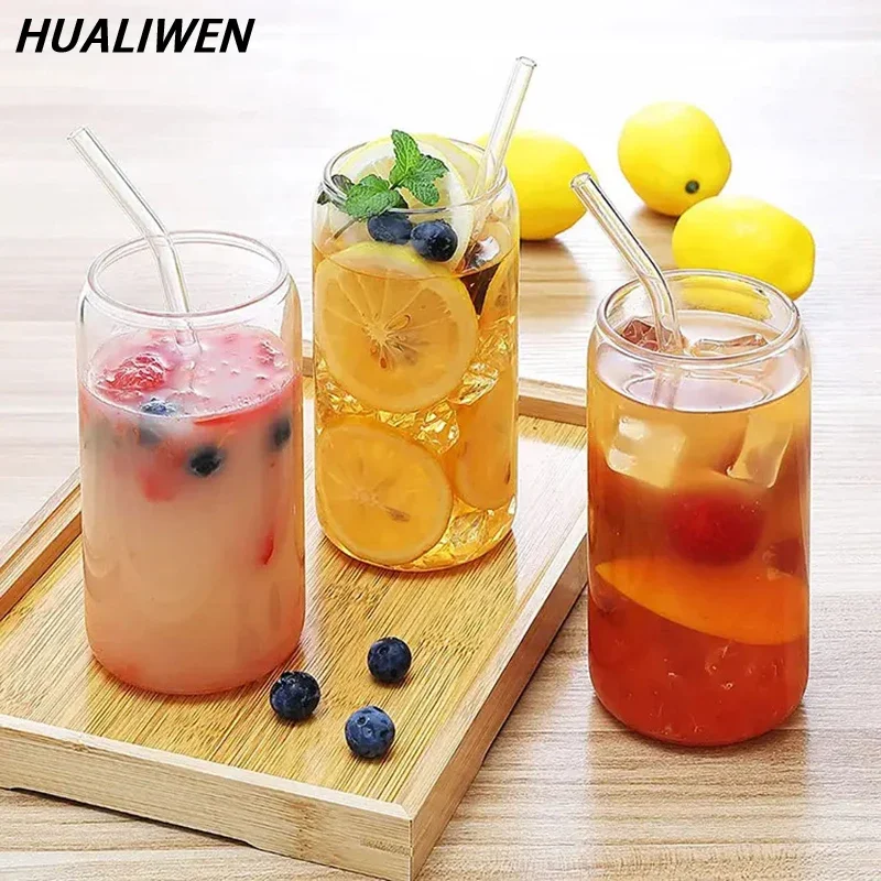 

380ml/500ml Glass Cup With Lid and Straw Transparent Bubble Tea Cup Juice Glass Beer Can Milk Mocha Cups Breakfast Mug Drinkware