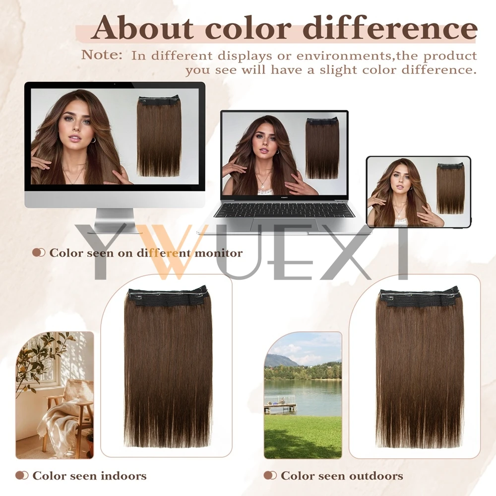 Brown Clip In One Piece Human Hair Extensions with Adjustable Fish Wire 12-24 inches Halo Hair Extensions Flip ins 60-100g 8 S843fb80fa0a147f888d706d597be1658e