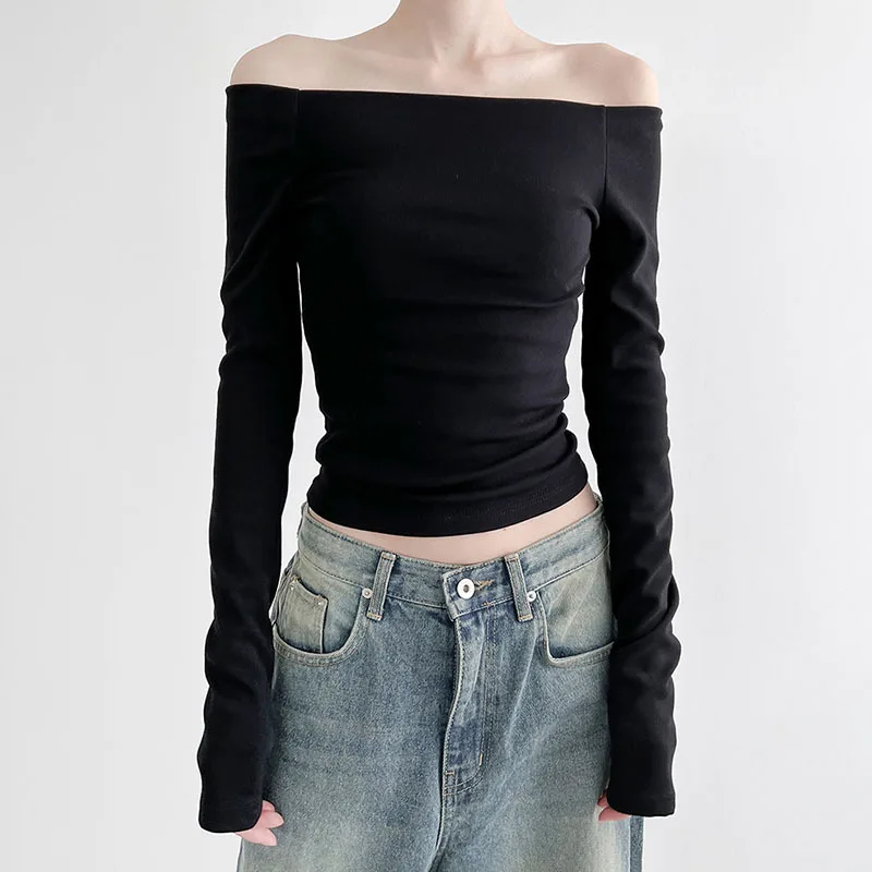 

Black Solid Slash Neck Elegant Long Sleeve Tops Korean Fashion Slim Sexy Cropped T-Shirt Women Spice Girl Top One-line Shoulder