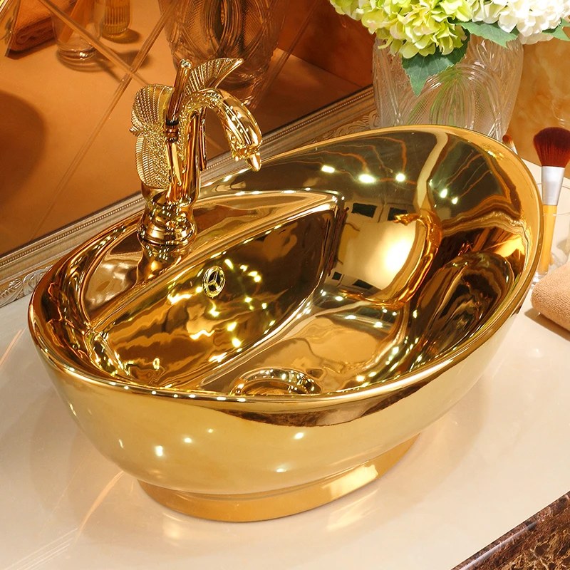 

Золотая керамическая раковина для стола, раковина в европейском стиле для ванной комнаты, раковина для межплатформенной раковины, Современная раковина в стиле ретро
