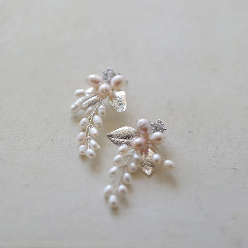 

Delicate Bridal Earring Freshwater Pearls Women Drop Earrings Leaf Wedding Prom Jewelry Gold Silver Color