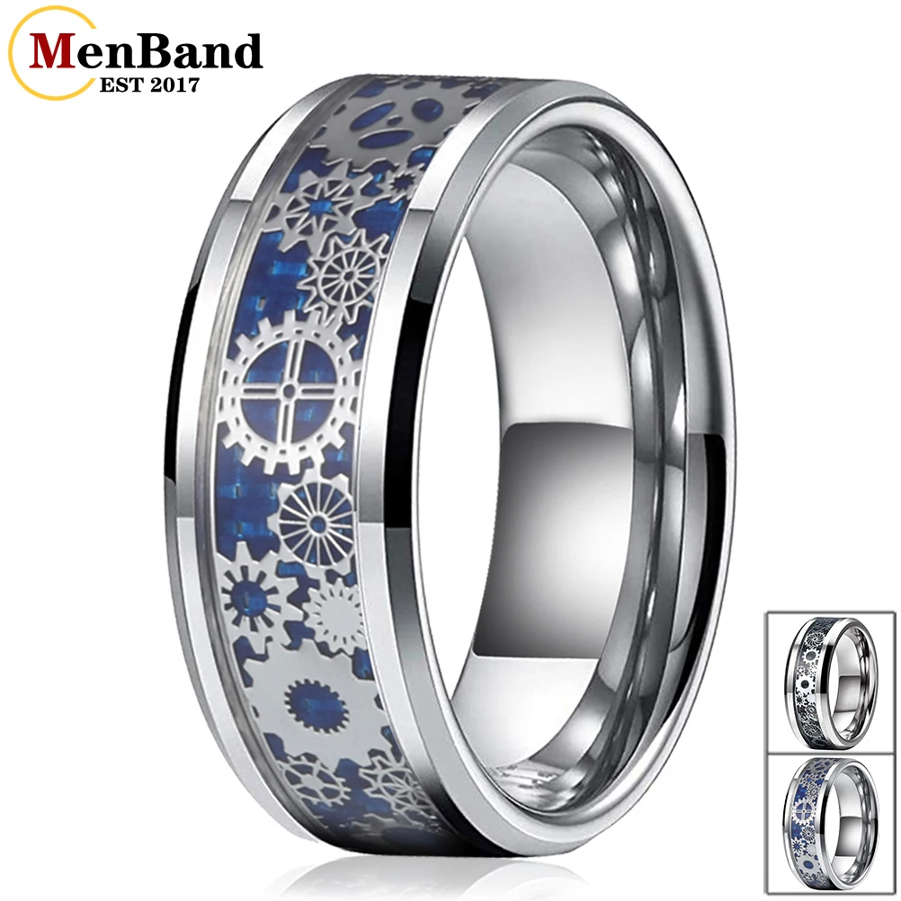 

Men Women Wedding Band Tungsten Carbide Ring With Mechanical Gear Wheel And Carbon Fiber Inlay 6MM 8MM Comfort Fit