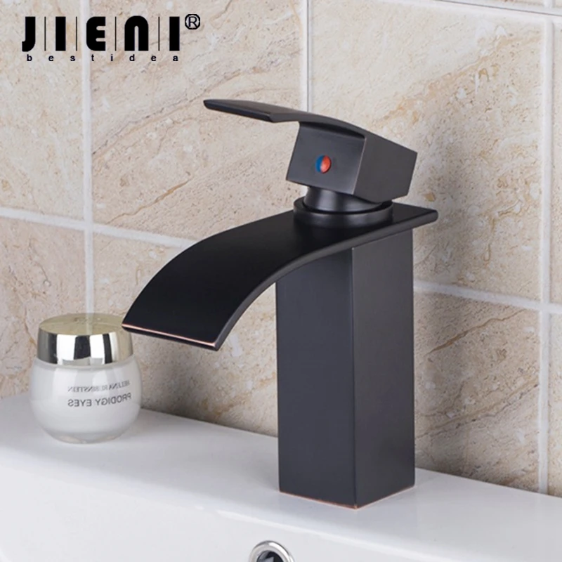 

JIENI Oil Rubbed Bronze Deck Mounted Bathroom Basin Mixer Tap Faucet Black 1 Handle Waterfall Spout Bath Basin Sink Faucet Tap