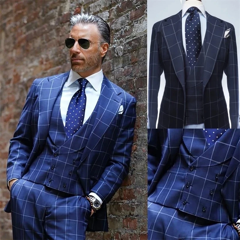 

Royal Blue Grid 3Pcs Jacket Pant Vest Men's Suits Sets Navy Blue Plaid Wedding Clothing Notch Lapel Vintage Prom Blazer Trousers
