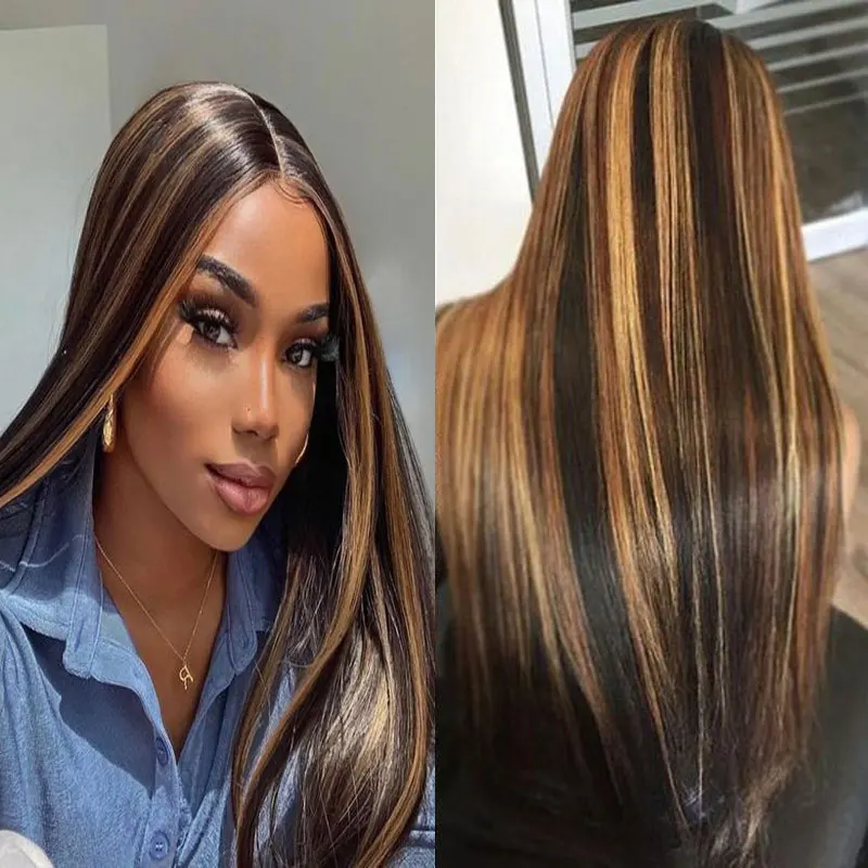 

Bombshell Brown Highlights Straight Futura Synthetic Lace Front Wigs For Black Women Pre Plucked Hairline Half Hand Tied Wig
