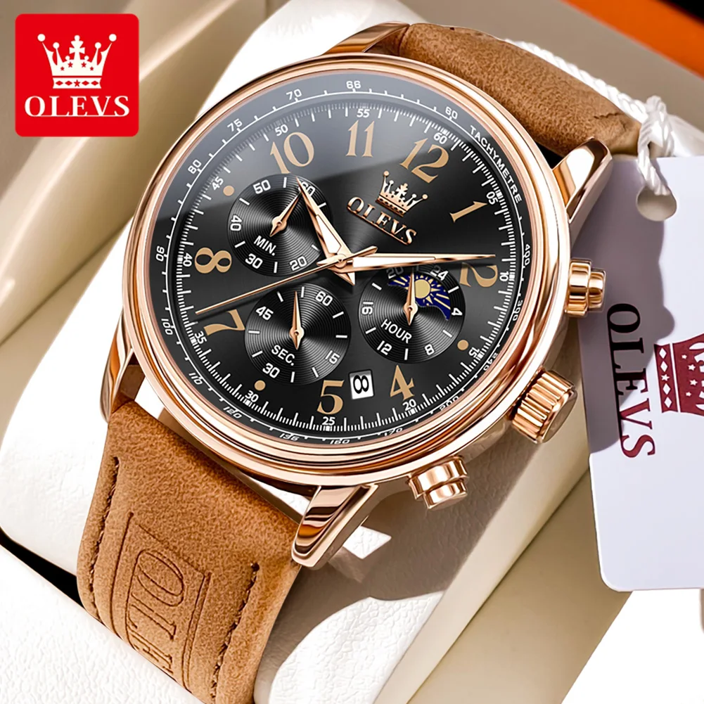 

Мужские водонепроницаемые часы-хронограф OLEVS, коричневые многофункциональные часы с кожаным ремешком, с Лунной фазой, для отдыха, 2912