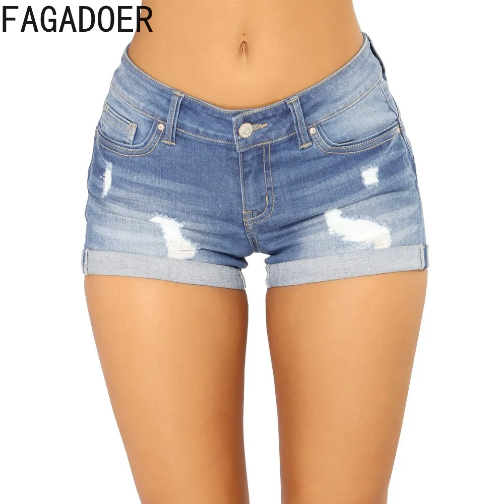 

FAGADOER Fashion Hole Denim Shorts Women High Waisted Button Pocket Jean Casual Female Slim Elasticity Cowboy Bottoms 2024 New