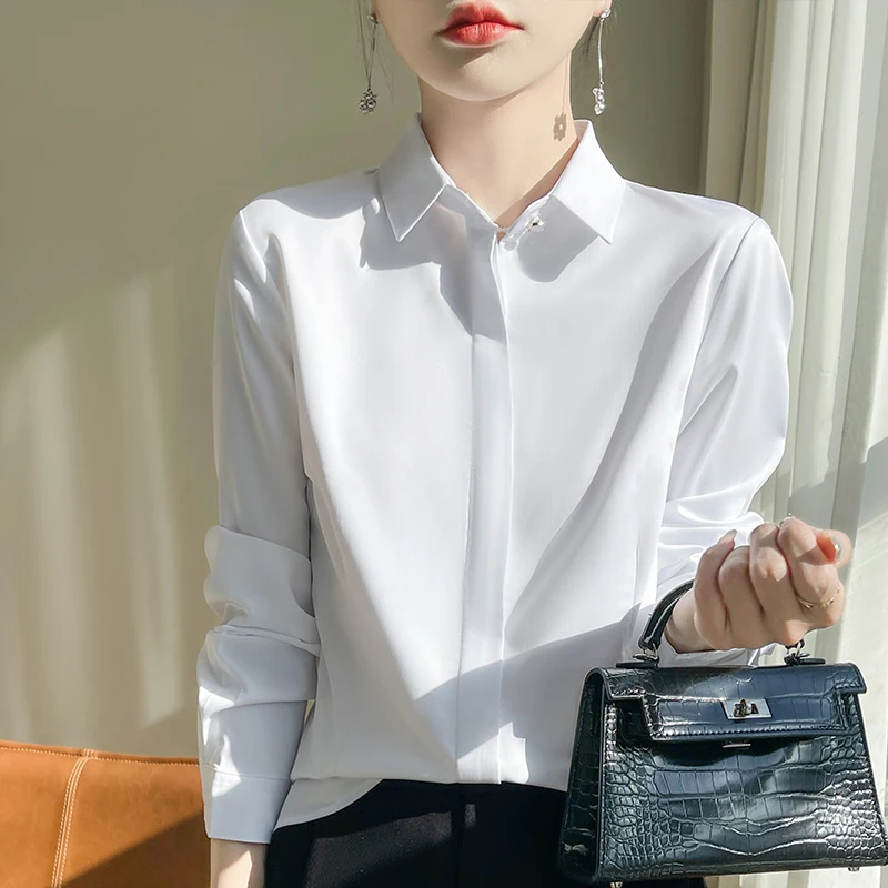 

Seaweed Fiber 2024 Women's White Shirt Button Fashion Versatile Layup Essential Can be Paired with Professional Suit Fashion Top