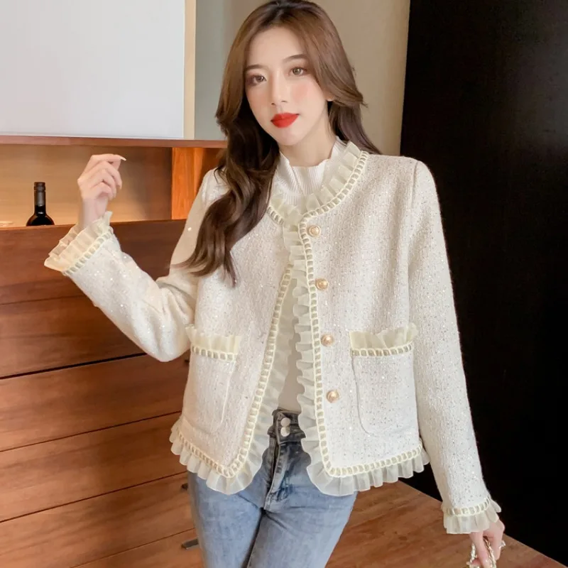 

Small Fragrant Lace Cropped Tweed Jacket Blazer Women O-neck Long Sleeve Single-breasted Luxury High-end Women Clothes Outerwear