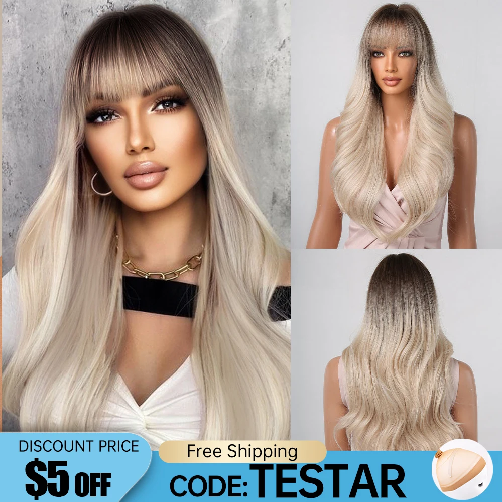 

Long Synthetic Wig Blonde Ombre Natural Wavy Daily Wig with Bangs Dark Root for Black Women Party Fake Hair Heat Resistant Fiber