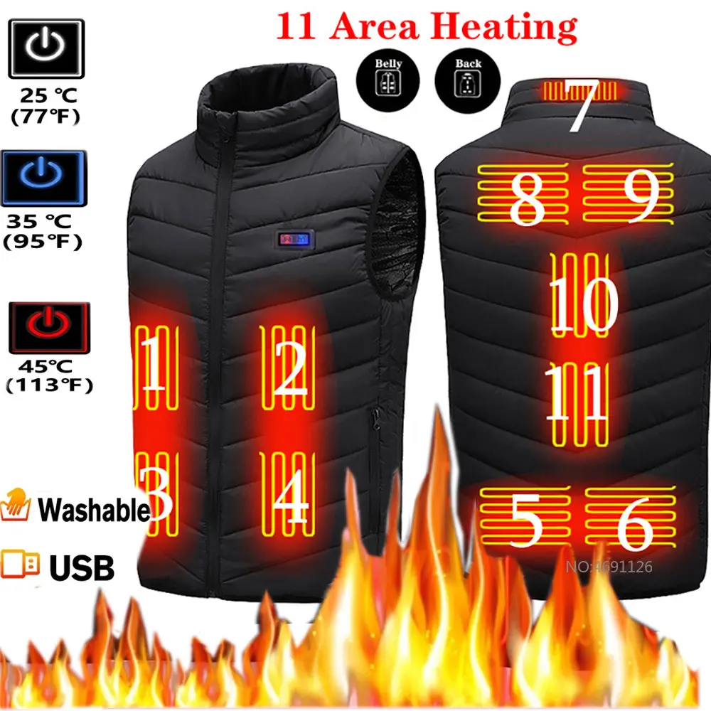 

Winter 11Areas Heated Waistcoat USB Electric Smart Heating Vest Outdoor Warmer Jacket With Zipper Fishing Cycling Warm Equipment
