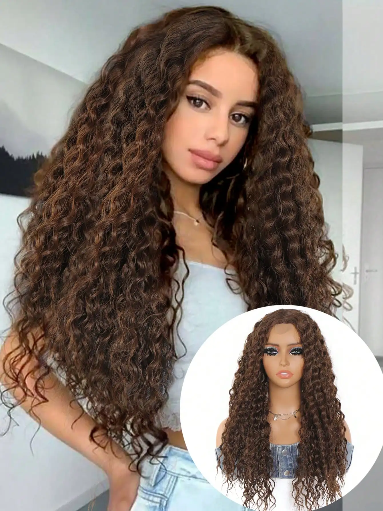 

Synthetic Lace Front Wig 22inch Long Kinky Curly Front Lace Wig For Women Brown Natural Heat Resistant Daily Cosplay Wig