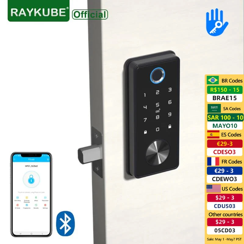 

RAYKUBE T1 Black Electronic TT Lock Smart Door Lock with Biometric Fingerprint Smart Card Password Key Unlock Keyless Door Lock