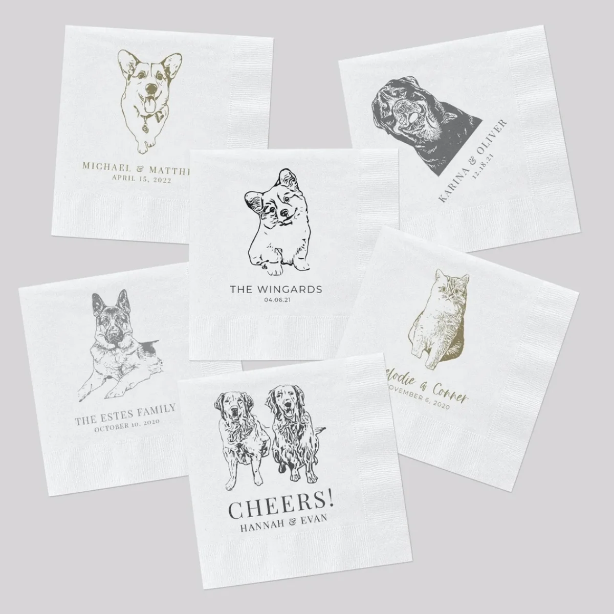 50pcs Custom Pet Cocktail Napkins for Weddings and Special Events - Personalized Wedding Napkins with Dog or Cat Illustrations
50pcs Custom Pet Cocktail Napkins for Weddings and Special Events - Personalized Wedding Napkins with Dog or Cat Illustrations