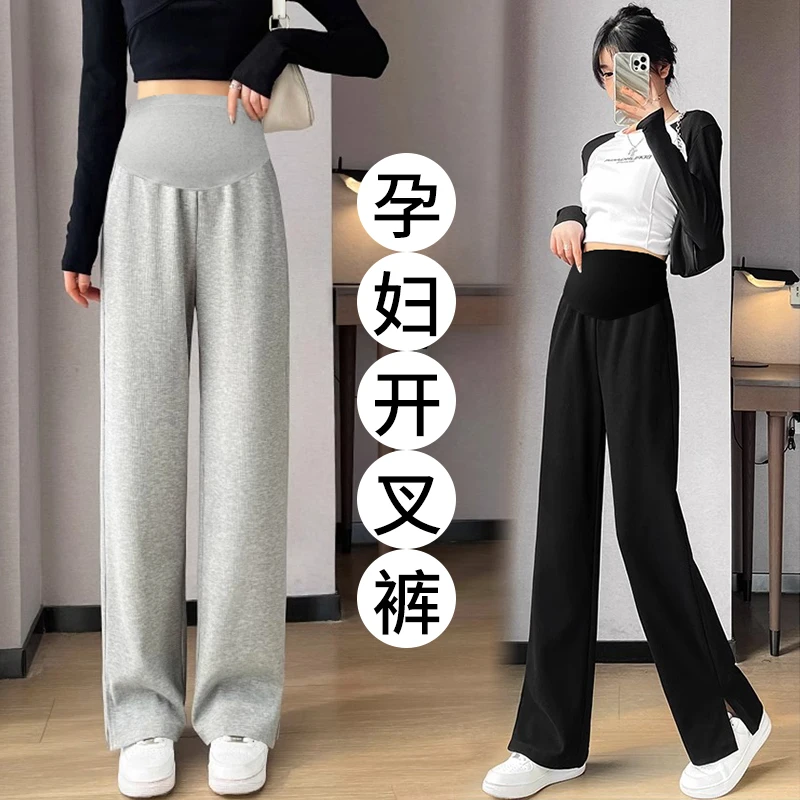 

2024 Spring Maternity Casual Pants Side Splits Loose Straight Trousers Clothes for Pregnant Women Adjustable Belly Pregnancy