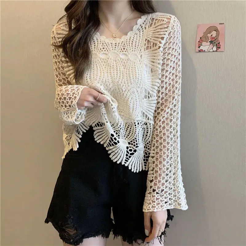 

Hollow Knitted Women's Clothing Summer Loose Thin Sunscreen Pullover Fashion Causal Korean Version Chic Lace Cropped Top T-shirt