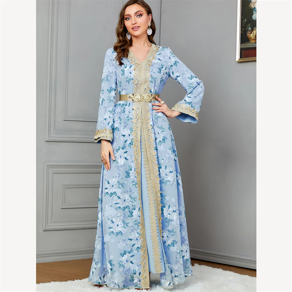 

Morocco Abaya Muslim Women Print Kimono Inner Maxi Dress Two Piece Set Turkey Arab Kaftan Dubai Islamic Eid Party Gulf Long Robe