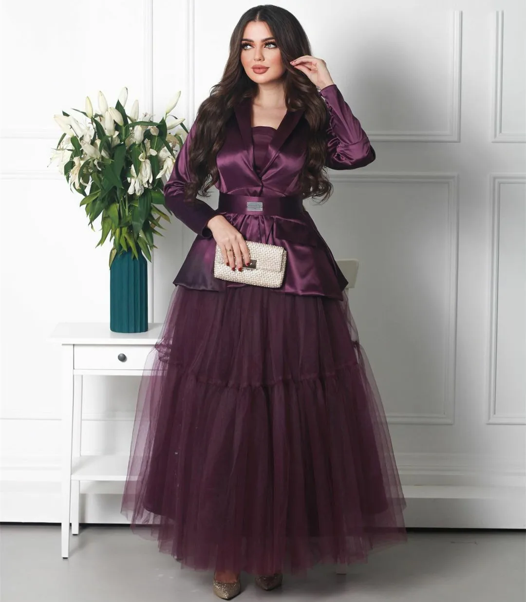 

AsaNagi фиолетовые атласные вечерние платья с V-образным вырезом трапециевидного силуэта длиной до щиколотки Тюлевое платье для выпускного вечера элегантное стандартное бальное платье Саудовский арабский 2023