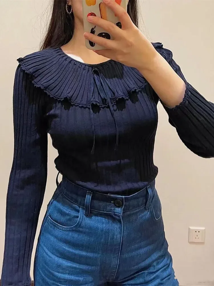 

Women Knitted Pullover Ruffles O-Neck Solid Color Slim Early Autumn Casual All-Match Bottoming Tops