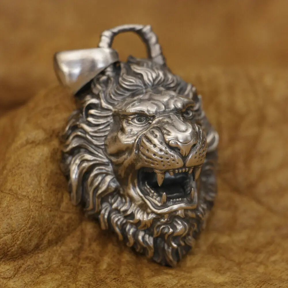 

LINSION 925 Sterling Silver Roaring Lion Pendant Mens Punk Jewelry 3 Size TA386