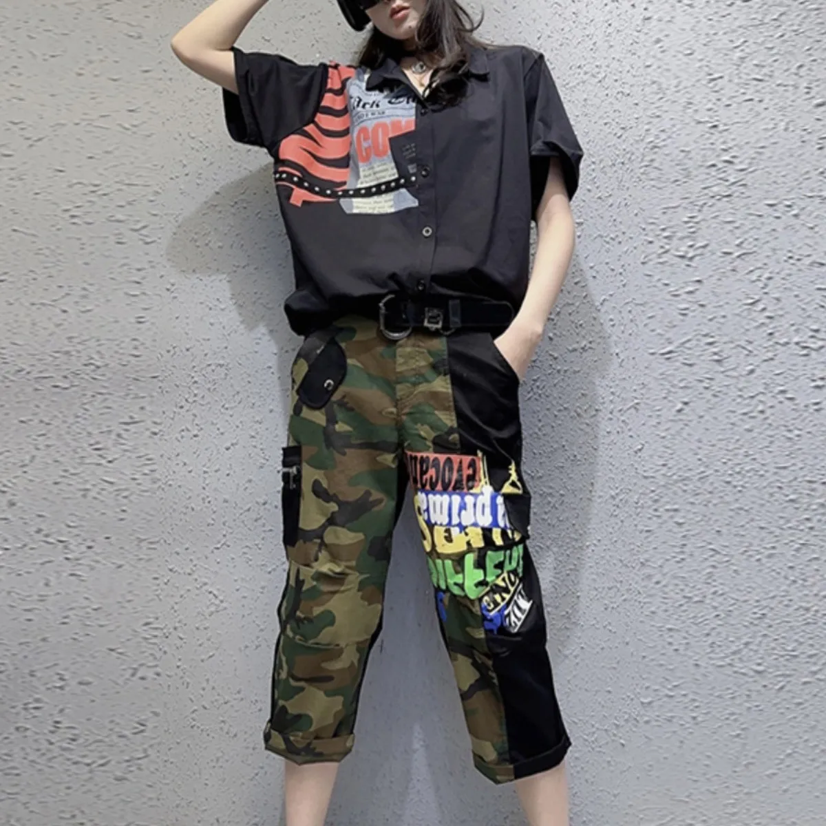 

Fashion Pant Set Women Camouflage Loose Shirt + Army Green Elastic Waist Workwear Pants Casual Two-piece Set 2024 Summer LX984