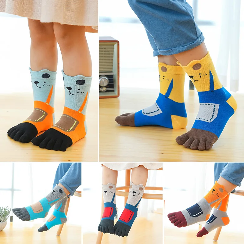 

5 Pairs Children's Cartoon Calf Socks with Fingers Cute 3D Bear Sock Pure Cotton Breathable Toe Health Socks for 3-7-12Y Kids