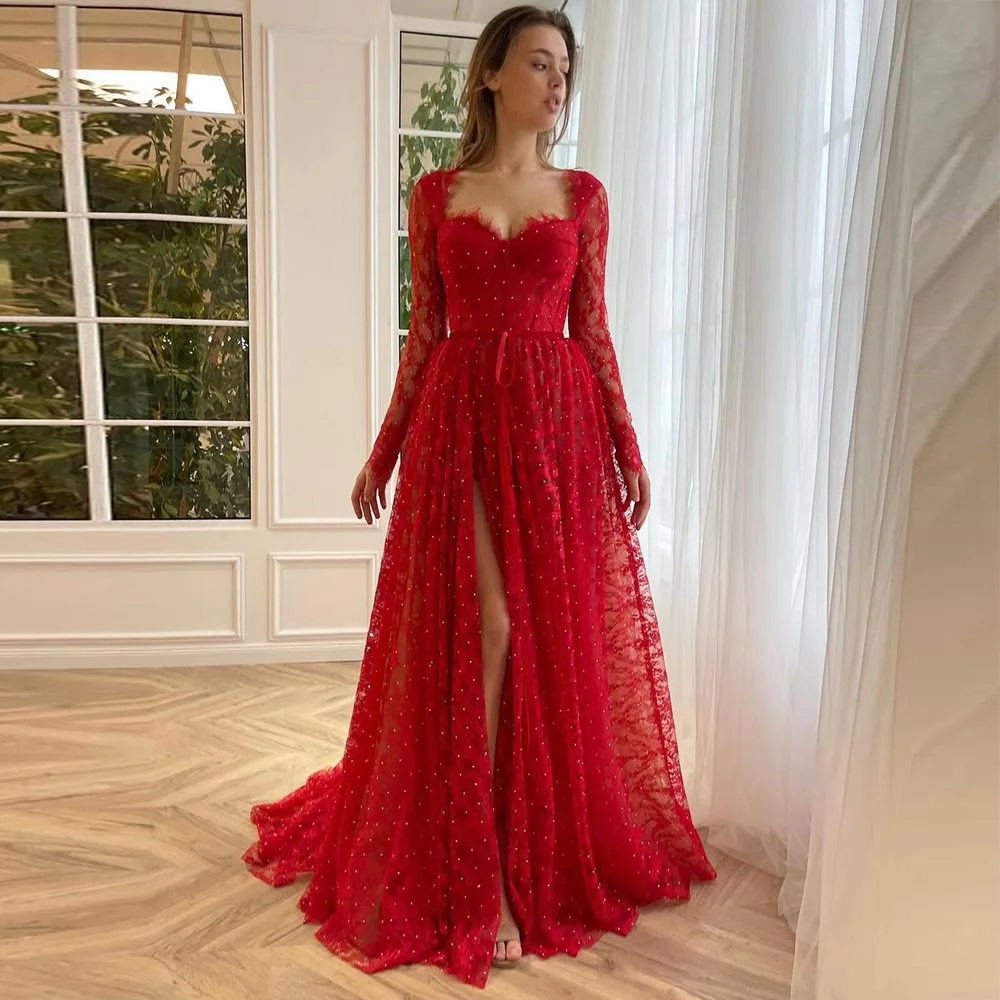 

Sevintage Red Lace Appliques Beading Crystal Prom Dresses Long Sleeves Sweetheart A-Line Saudi Arabic Women Party Evening Gowns