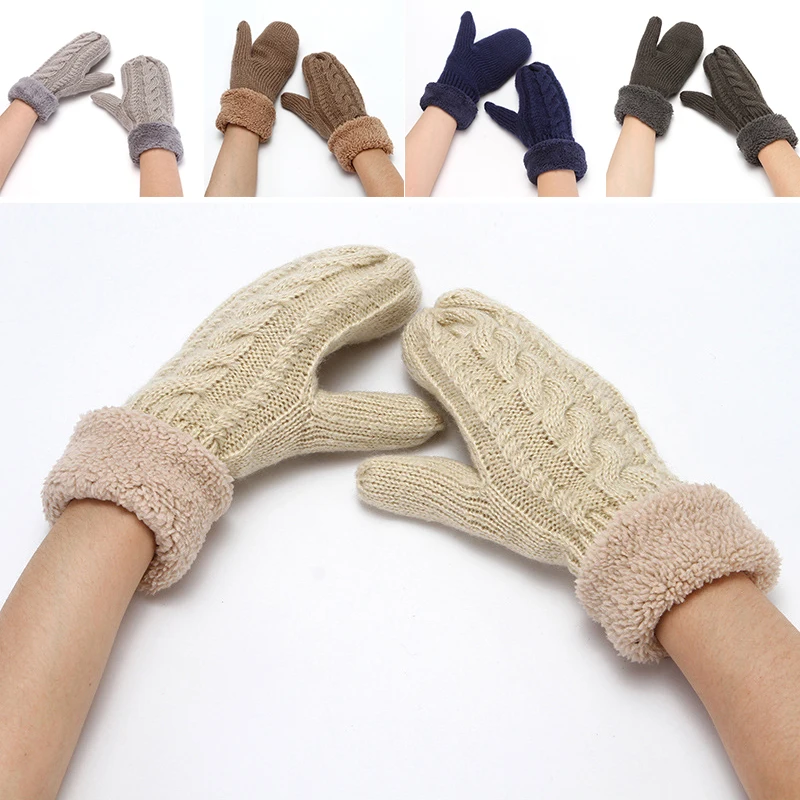 

Fashion Knitted Twist Flowers Mitten Winter Women Wool Plus Cashmere Velvet Thickening Warm Full Finger Glove Guantes Handmade